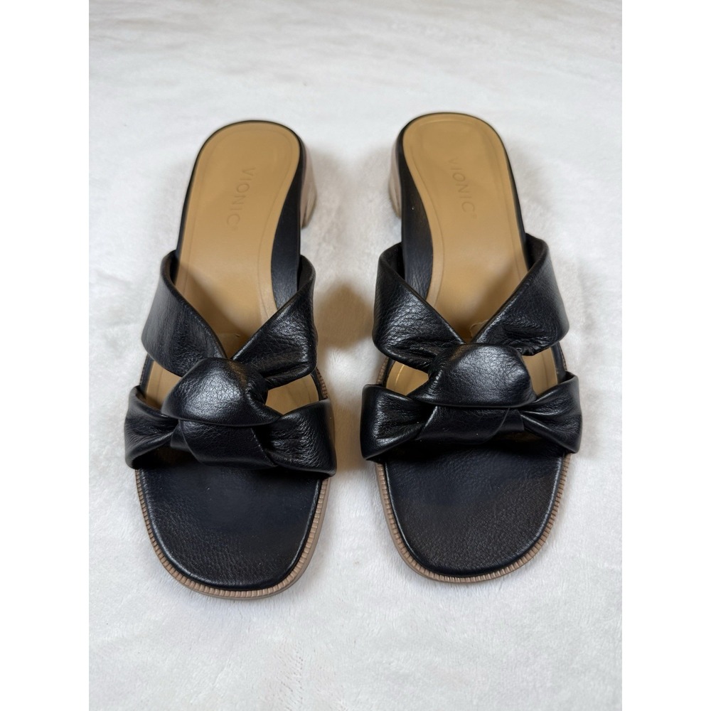 Vionic Mabel Sandals Women 10 Black Leather Knotted Slide Arch Support Comfort
